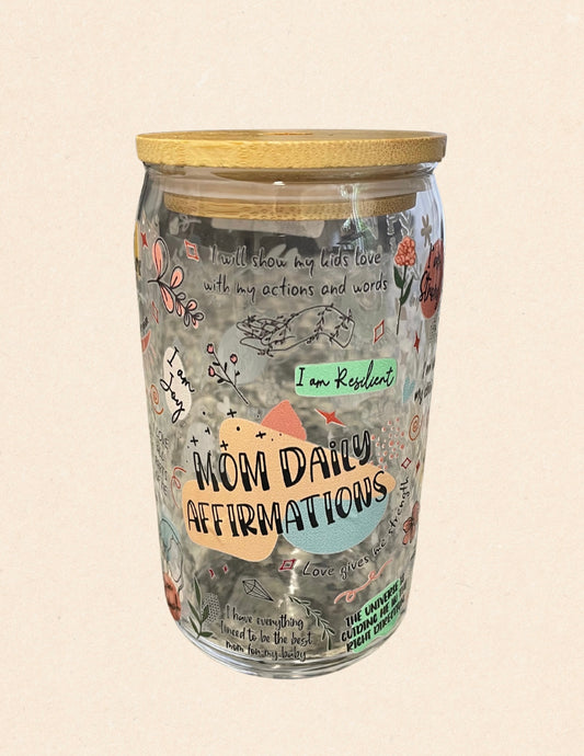 Mom Daily Affirmation Glass Beer Cup With Wooden Lid & Glass Straw. (Straw cleaner included)